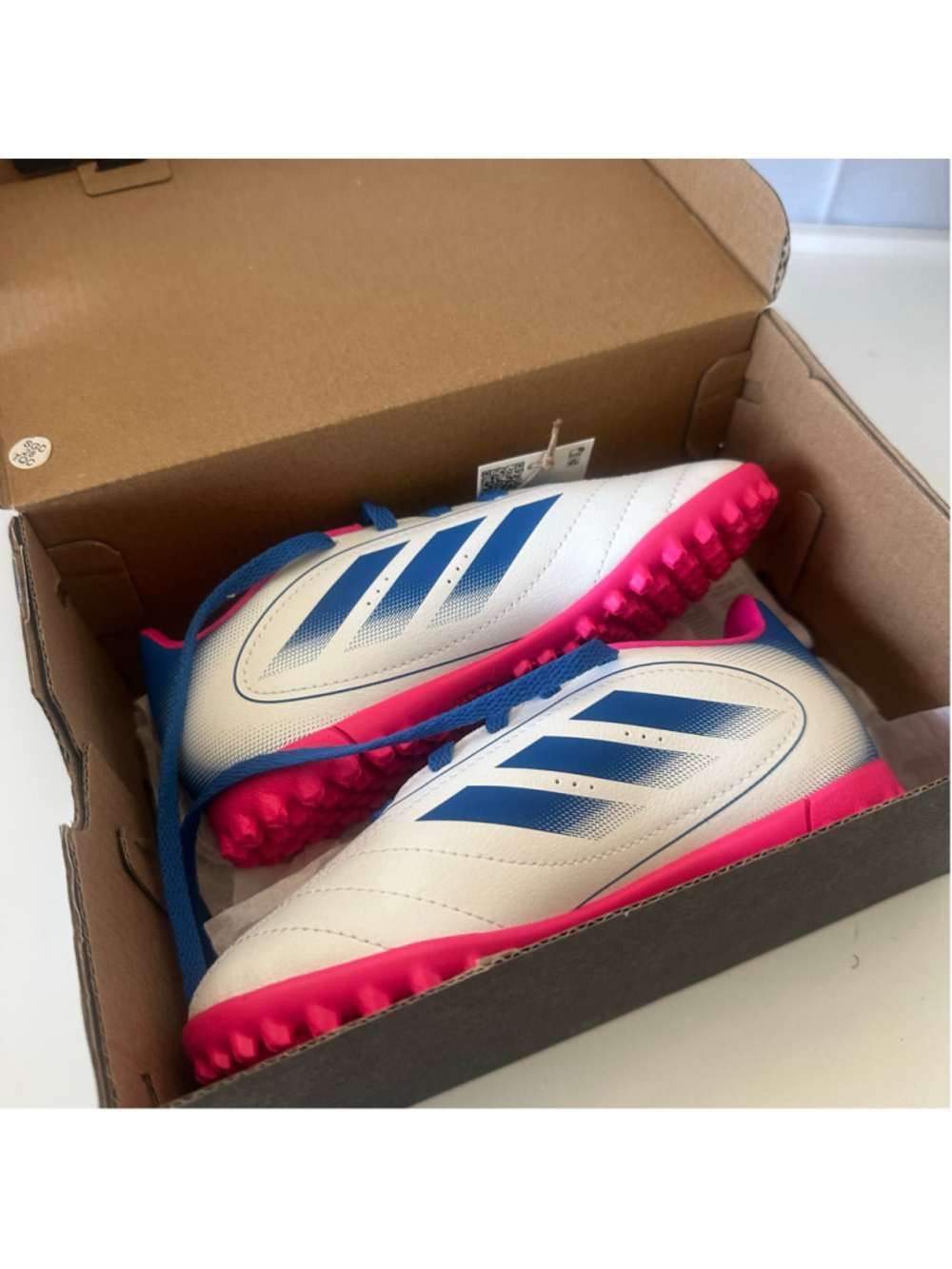NIB Adidas Goletto IX TF J Kids Turf Soccer Shoes 12.5K White/Lucid Blue/Lemon